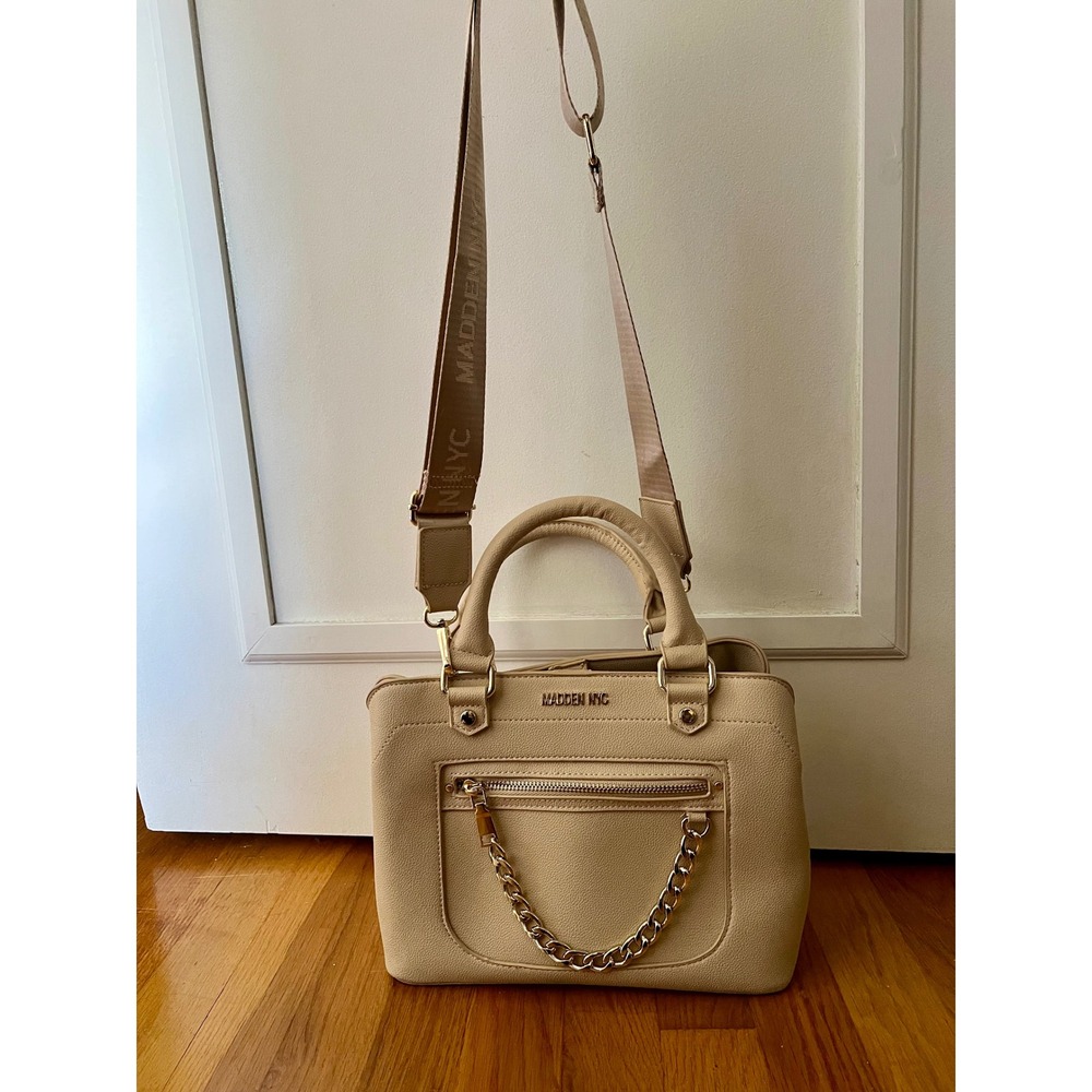 Madden NYC Beige Pebbled Faux Leather Satchel Crossbody Bag with Chain Detail